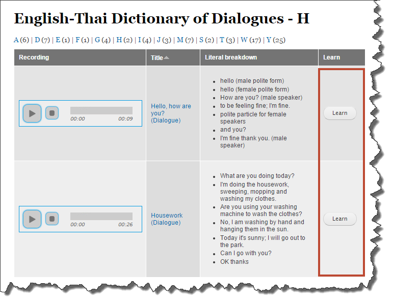 Dictionary of dialogues showing the Learn button