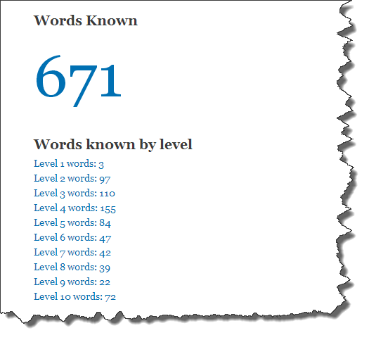 Words Known and Words known by level summary